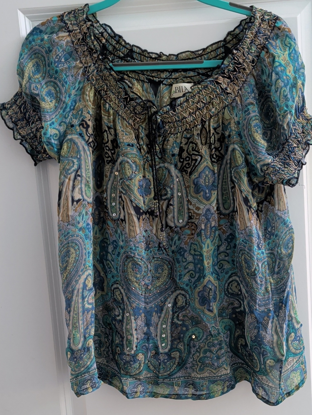 Blue Paisley Smocked Neck Blouse by BILA